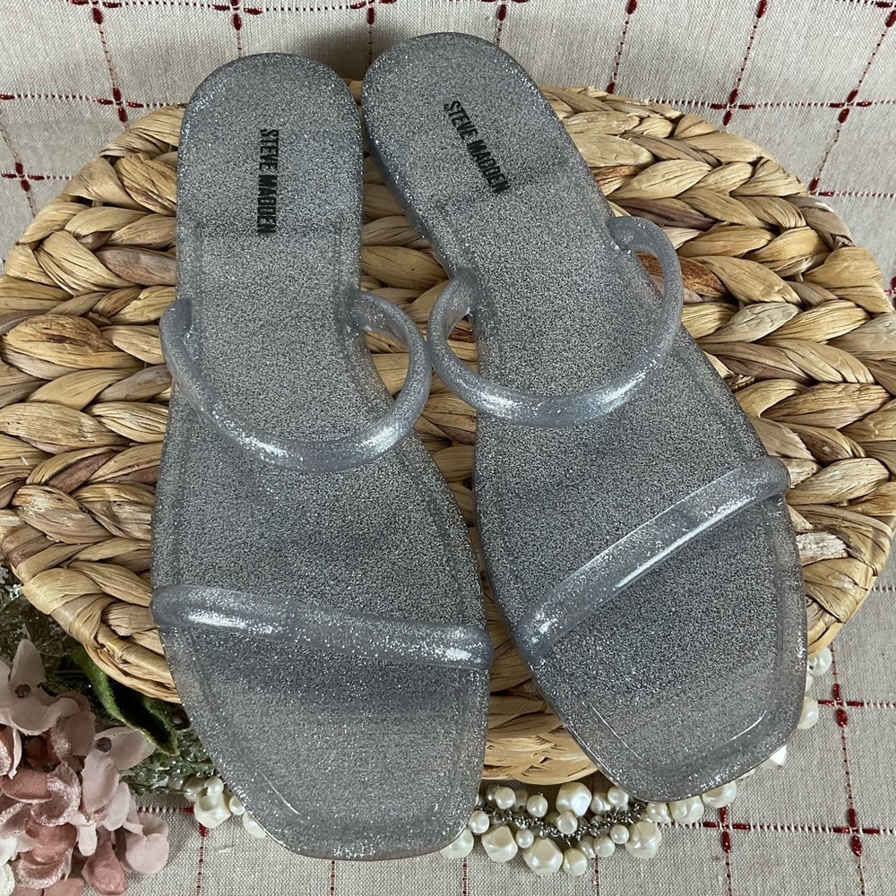 Set of 2 Steve Madden “PIKE” Jelly Flip Flop Sandals Size 9 Black & Silver New - Picture 6 of 8